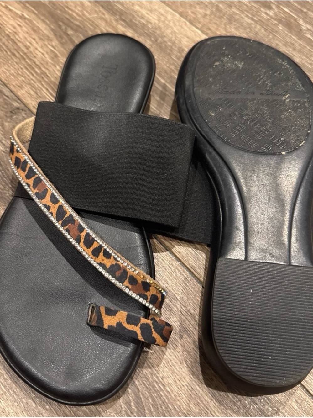Black Slide Sandals with Leopard Accent and Rhinestone Strap - Picture 2 of 2